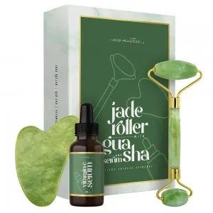 Rouleau facial de jade avec Gua Sha & sérum par Eco Masters – 1 Rouleau de Jade + 1 Gua Sha + 30 ml sérum de vitamine C
