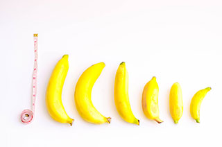 Banane de différentes tailles alignés pour symboliser les différentes tailles de pénis Banane de différentes tailles alignés pour symboliser les différentes tailles de pénis